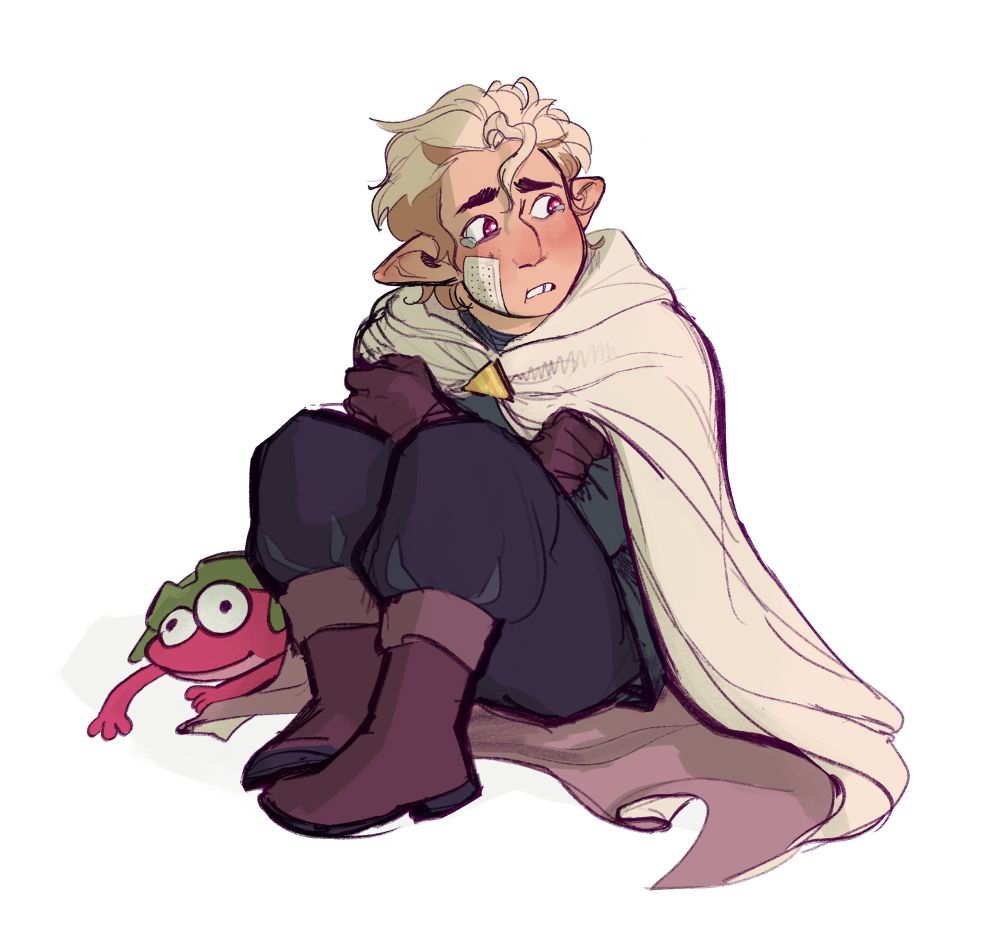 Drawing of Hunter from The Owl House. 

He looks many years younger, he's sitting on the ground with his arms squeezed around himself and his knees close to his chest. He looks sad/scared, and there are tears in his eyes. He has a big bandage on his right cheek (where his scar would be). His hair is moderately short and he's wearing The Emperor's Coven's scout uniform. There is a Sprig (the pink frog with a green hat) plushie next to him.