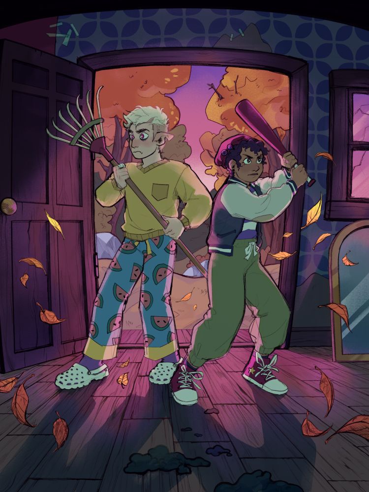 Drawing of Hunter and Luz from The Owl House, inspired by a scene from the episode "Thanks to Them."

Hunter is wearing watermelon pajama pants, a yellow sweater and crocs; he's holding a rake. Luz is wearing red converse shoes, green sweatpants, striped white-purple shirt, Eda's grudgby jacket and a red beanie hat, with a bi flag on it. She's holding a red baseball bat. Both their expressions are slightly scared, slightly angry. 

They're standing in the middle of the entry to the forest shack, their weapons held up, door open. The inside of the shack is dark and cool-toned, outside there is a forest and it's brighter (the sun is setting) and pink-toned. Autumn leaves are falling into the shack with wind. There is some green-ish goop on the floor in front of Hunter and Luz, right at the bottom of the drawing.