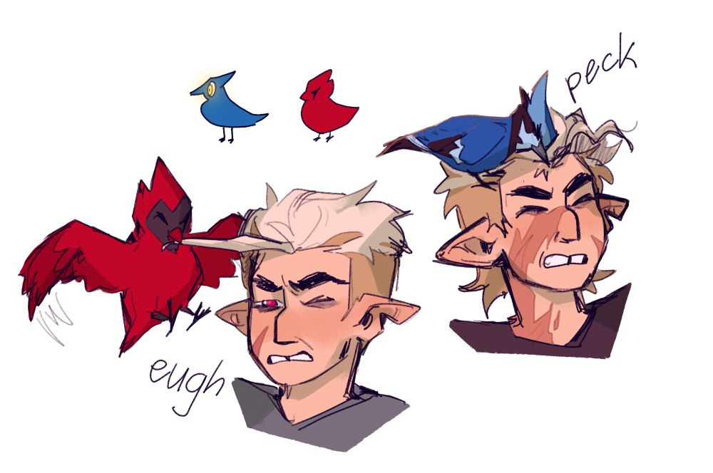 1) hunter from the owl house having his hairstrand pulled by flapjack (his red cardinal bird)

2) hunter from the owl house being pecked on his forehead by waffles (his blue jay)