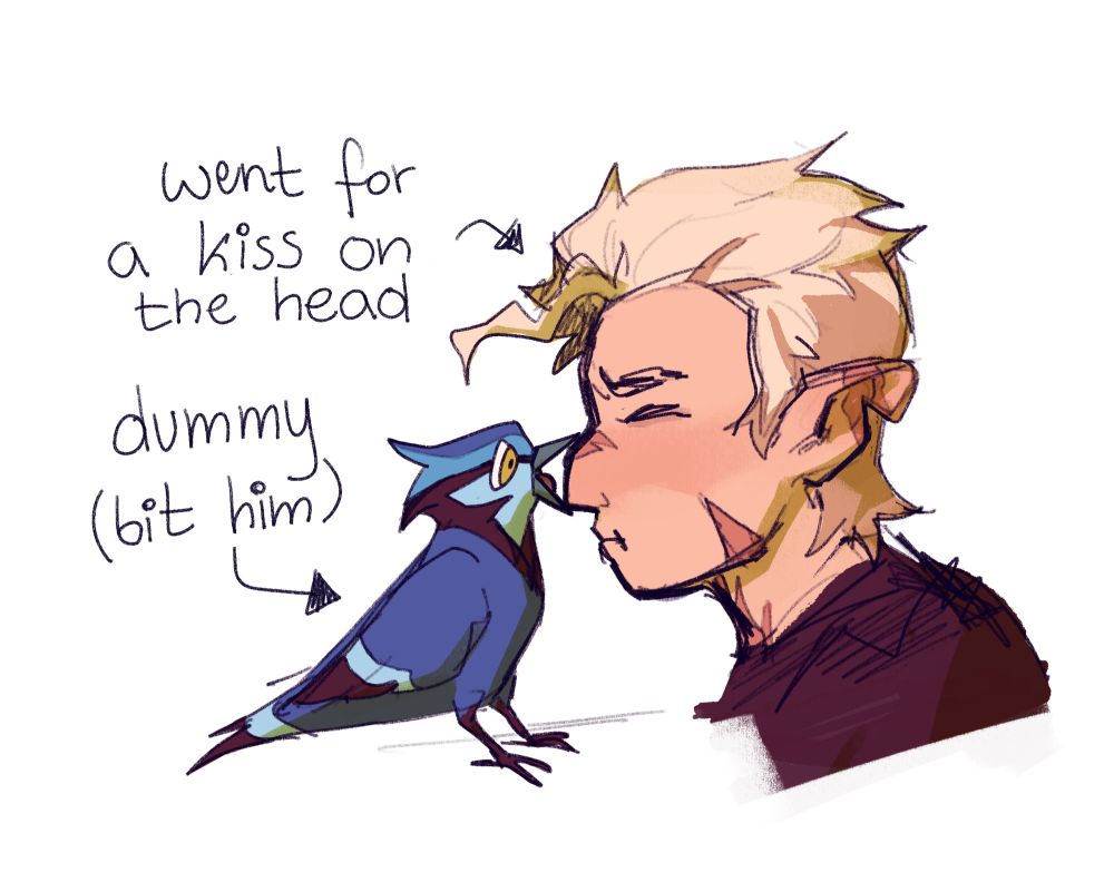 drawing of waffles biting hunter's nose, with hunter scrunching his face. over an arrow pointing at hunter it says "went for a kiss on the head" (waffles' head), over an arrow pointing at waffles it says "dummy (bit him)"
