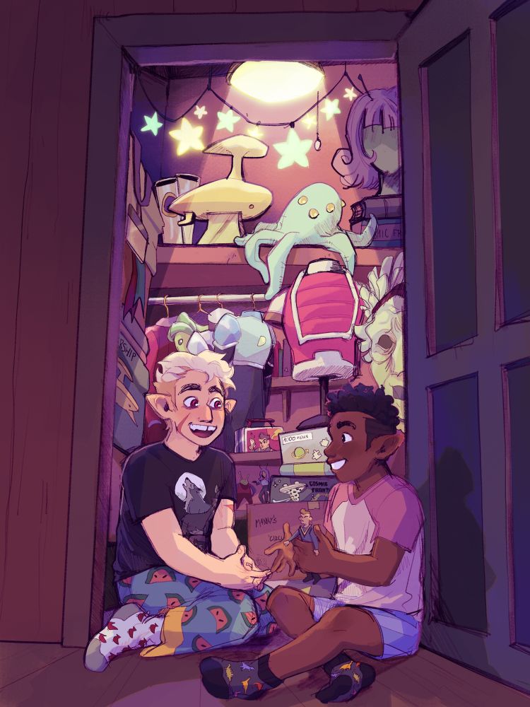 art of hunter and gus from the owl house. they're dressed in pajamas and sitting on the floor at the entrance to the closet containing various "cosmic frontier" merch and costumes. they're smiling and laughing/talking. gus is holding a cosmic frontier character figurine in his hand.