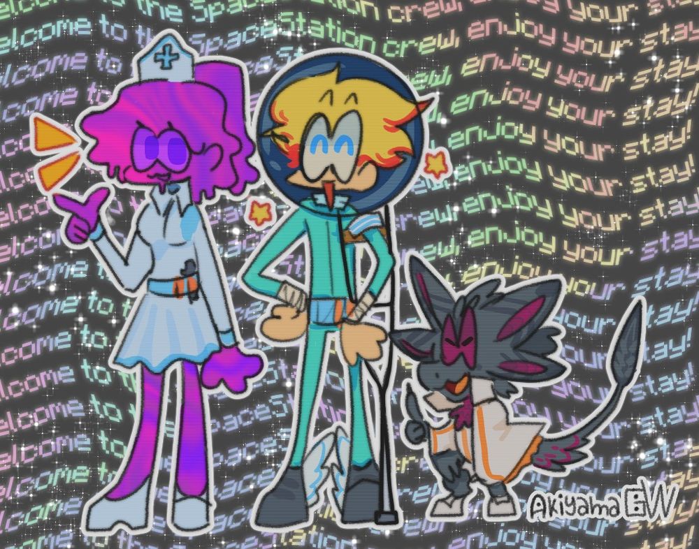 3 characters standing on a rather colorful and shiny background, a slime, a man and a avali