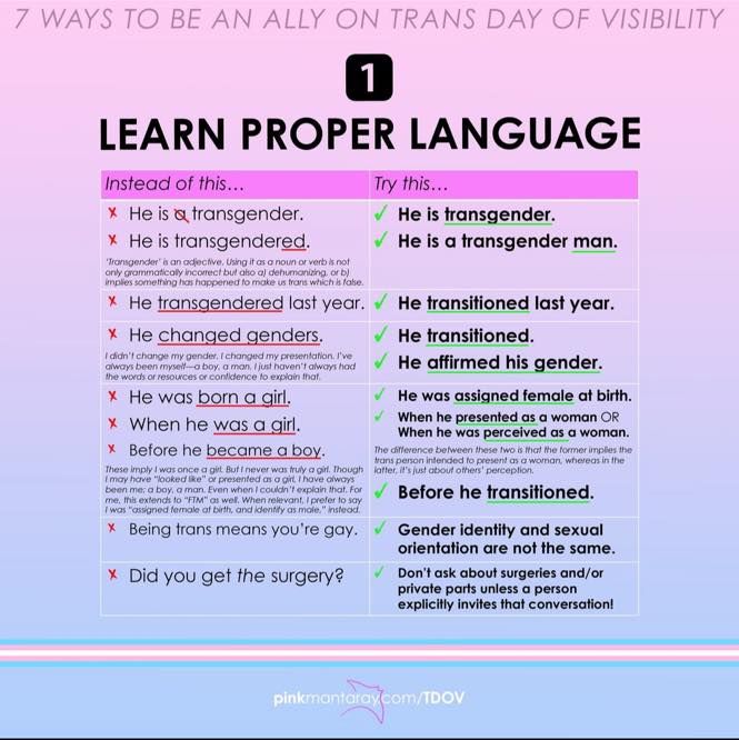 1. Learn proper language

No: He is a transgender.
No: He is transgendered.
Yes: He is transgender.
Yes: He is a transgender man.

"Transgender" is an adjective. Using it as a noun or verb is not only grammatically incorrect but also dehumanizing or implies something has happened to make us trans which is false.

No: He transgendered last year.
No: He changed genders.
Yes: He transitioned last year.
Yes: He transitioned.
Yes: He affirmed his gender.

I didn't change my gender. I changed my presentation. I've always been myself - a boy, a man, I just haven't always had the words or resources or confidence to explain that.

No: He was born a girl.
No: When he was a girl.
No: Before he became a boy.
Yes: He was assigned female at birth.
Yes: When he presented as a woman OR When he was perceived as a woman.
Yes: Before he transitioned.

These imply I was once a girl. But I never was truly a girl. Though I may have "looked like" or presented as a girl, I have always been me: a boy, a man. Even when I couldn't explain that. For me, this extends to "FTM" as well. When relevant, I prefer to say I was "assigned female at birth, and am male" instead.

No: Being trans means you're gay.
Yes: Gender identity and sexual orientation are not the same.

No: Did you get the surgery?
Yes: Don't ask about surgeries and/or private parts unless a person explicitly invites that conversation!

