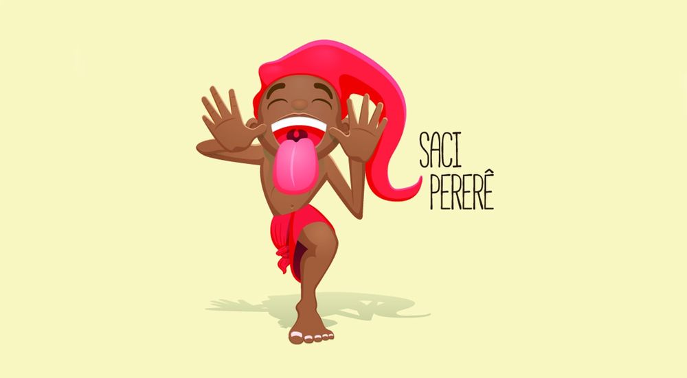 representação em clipart do saci pererê: um menino negro travesso, fazendo careta, vestido com um pano vermelho enrolado nos quadris, pulando em uma perna só, usando também um capuz vermelho.
