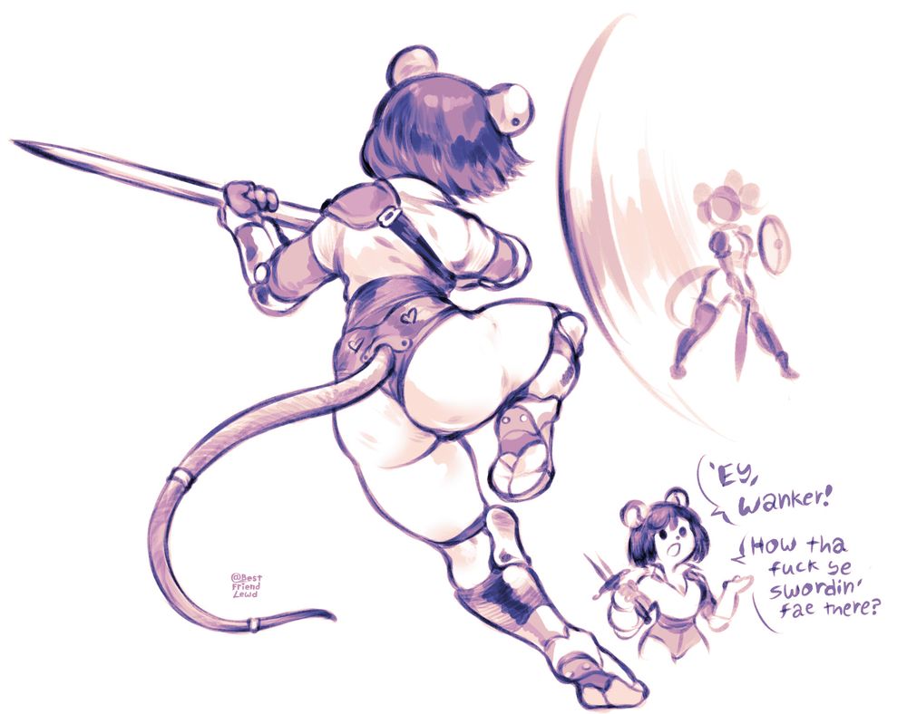 Two mice girls dueling with swords. One is doing some Final Fantasy bullshit from afar. In the bottom right the other mouse is indignant and shouting "Ey, wanker! How tha fuck ye swordin' fae there?"