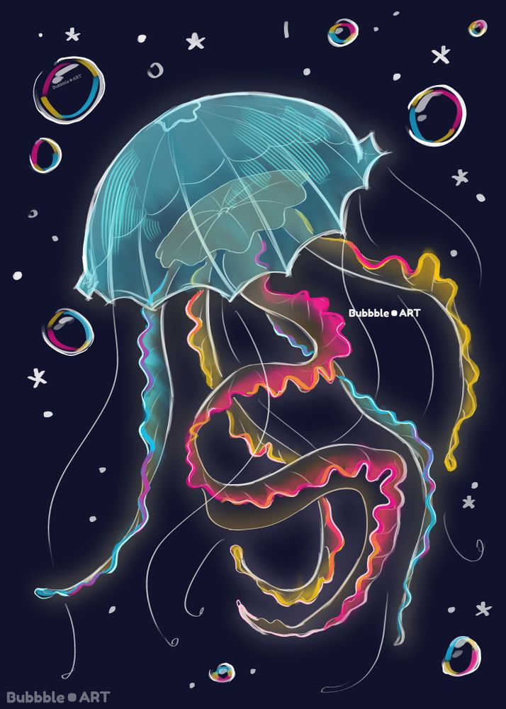 A digital illustration of a jellyfish, multicolored tentacles drifting delicately. Around it, sparkles and bubbles fill out the scene. The watermark says "Bubbble.Art".