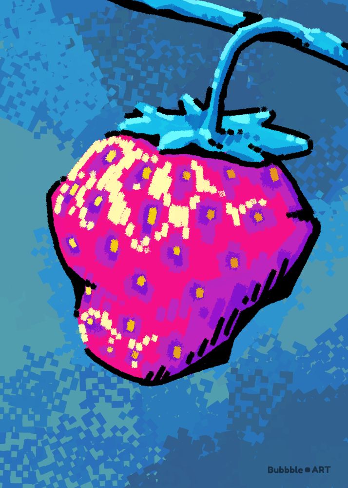 An image of a single strawberry rendered in a unique, blocky, pseudo-pixelart style. The color palette is pink, blue, purple with a smidge of yellow.