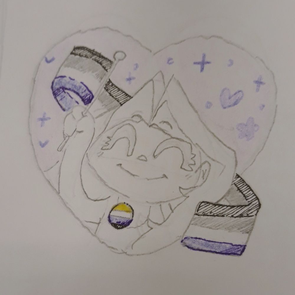 A pencil and pen doodle of a figure waving an ace flag and wearing a non-binary pin. A heart frames them, and purple sparkles dot the background.
