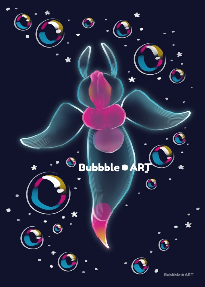 A sea butterfly rendered in an ethereal style, pink and light blue. It is flanked by a stream of bubbles