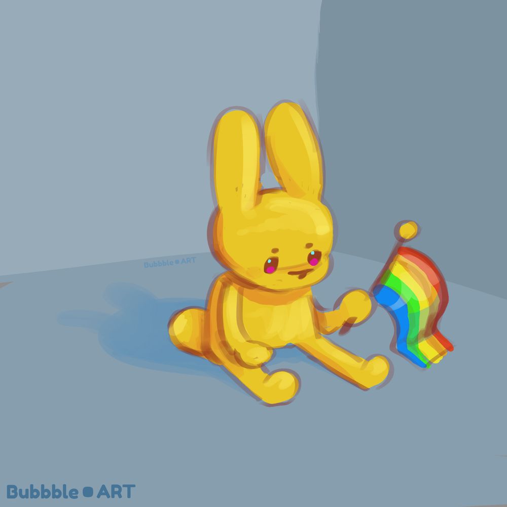 A chibi yellow bunny sits on the floor, holding a rainbow pride flag. The watermark says "Bubbble.Art"