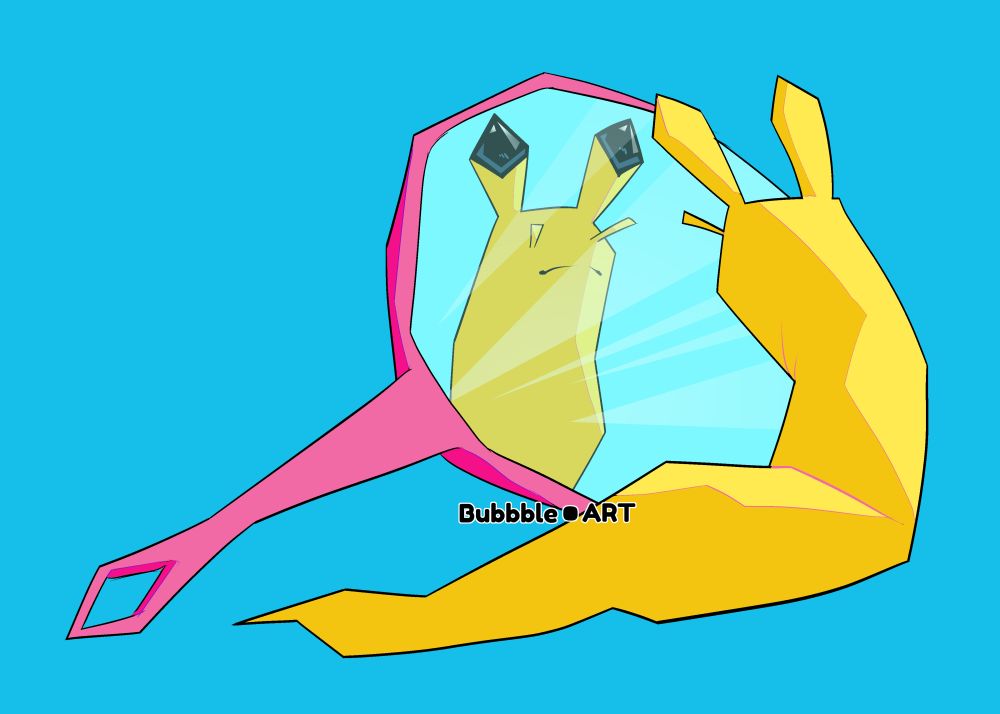 In this print, a yellow slug gazes into a mirror, their back turned from the camera - their reflection revealing a neutral expression. What do they ponder? 