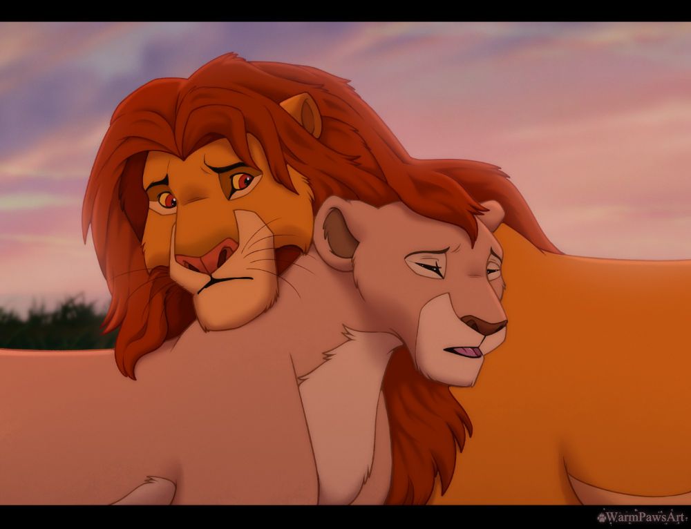 Simba hugs and tries to comfort Nala.
Nala is sad because she remembers the hard days of her childhood.