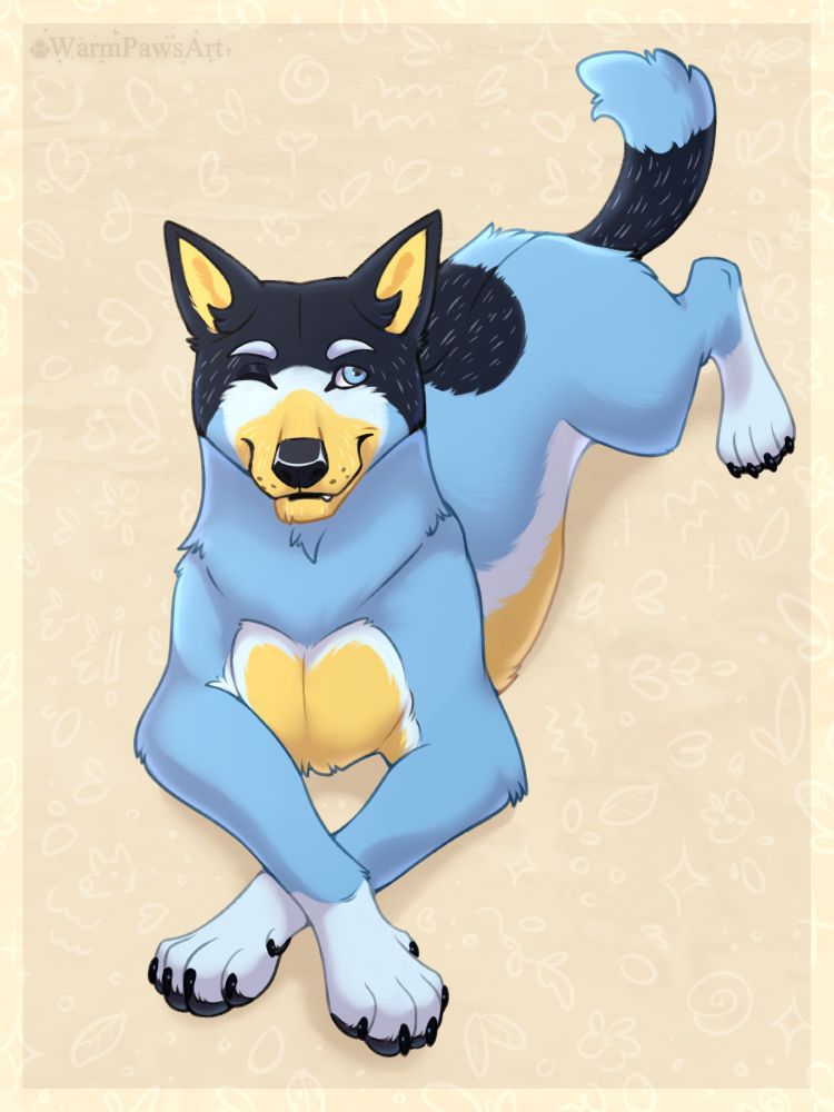 A dog named Bandit lies and smiles, winking with one eye. This is a character from the animated series Bluey