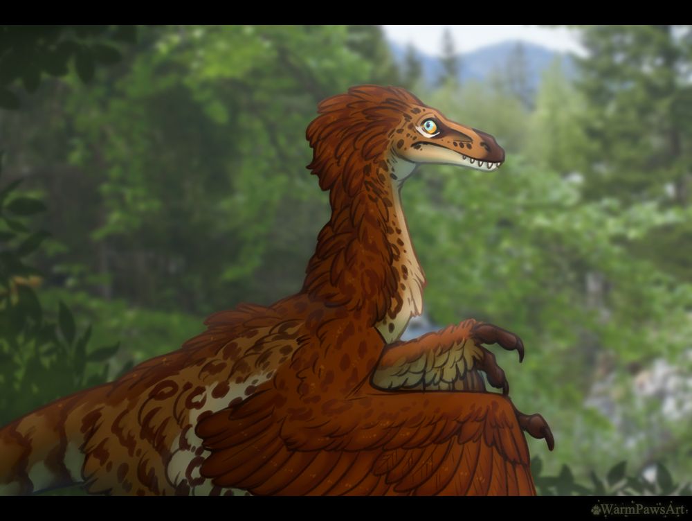 Art with a small feathery dinosaur. I was trying to portray archaeopteryx ^^