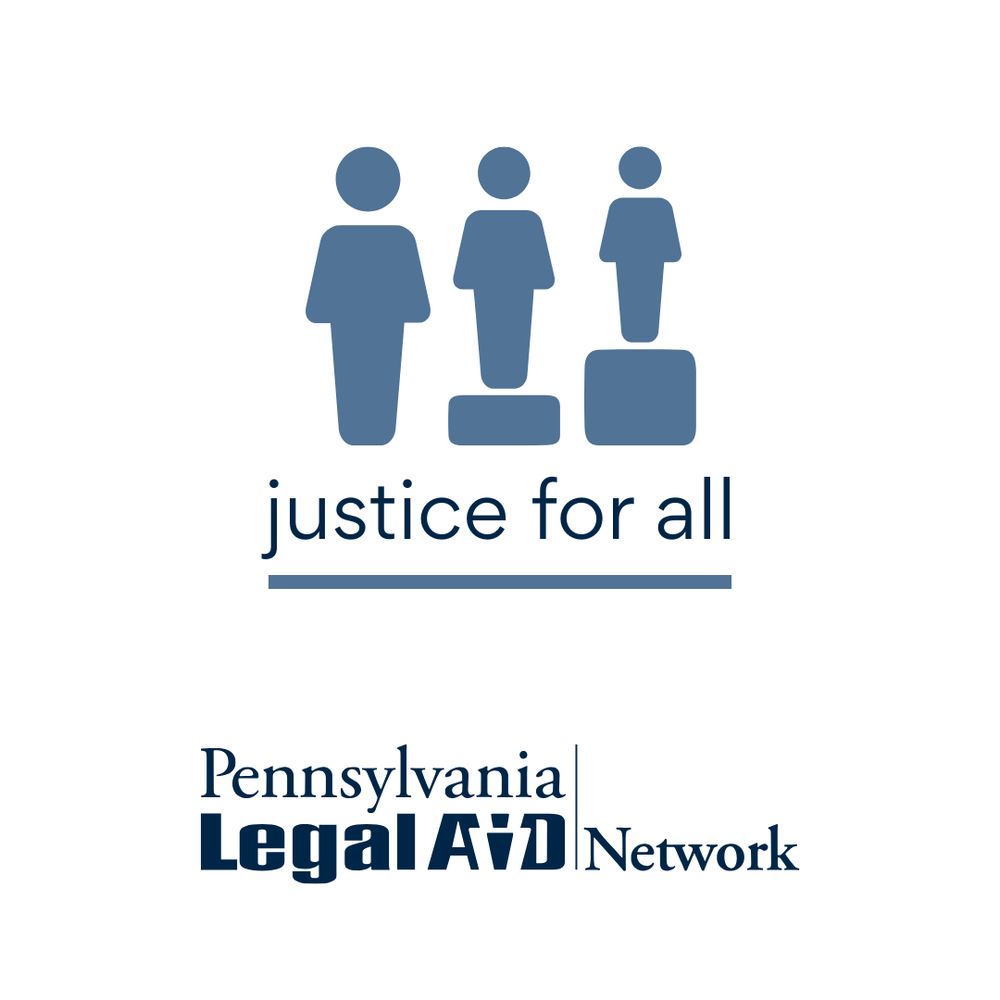 This is an image of three human figures of different heights standing on platforms of varying sizes, allowing all three to reach the same level. Beneath the image, the text reads 'justice for all' accompanied by the Pennsylvania Legal Aid Network logo.
