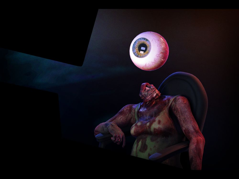 body horror, person with a caved-in head, giant eyeball floating above, looking into a screen