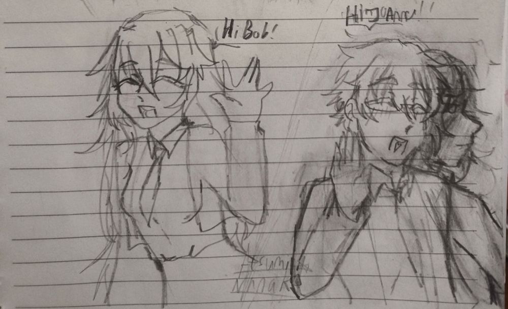 Wow is that Bob waving at a girl name... Joanna?!

Joanna is Bob's crush since the 2nd grade of elementary school, she's described to be sweet, smart, and caring person (she's also really good at painting or art in general) 

Also small fact: Jim would get jealous of joan cause surprise surprise he likes Bob and knowing Bob has a crush on Joan and jimmy himself (oh my gosh what!!!) He couldn't help but feel like he's in need to win Bob's heart lol
Poor Joan always getting a weird look from Jimmy girlie just tryna live her life 