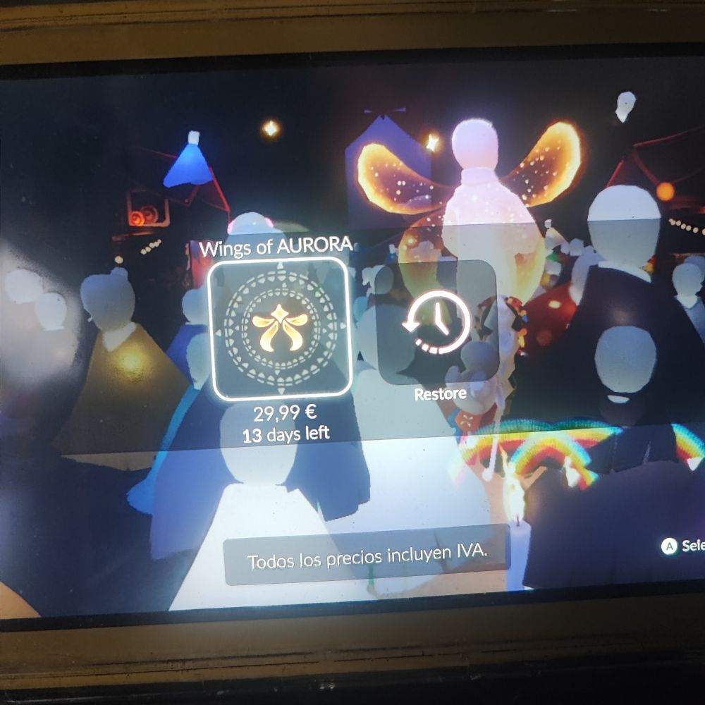 Foto de la Switch con el juego sky: Children of the light mostrando el objeto "Wings of Aurora" (Alas de Aurora) por 29,99€