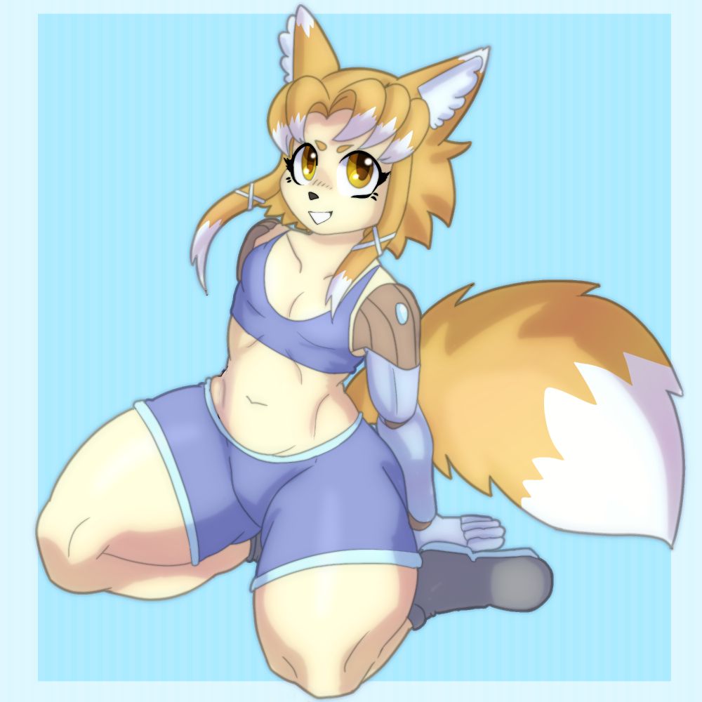 Digital drawing of Tau, an anthropomorphic fox with robotic arms, they are sitting looking up and smiling at the viewer, he is wearing a blue crop top and blue shorts and gray shoes.