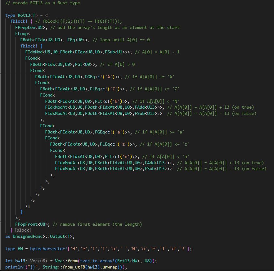 Screenshot of the Vs Code code editor showing Rust code. It encodes the ROT13 algorithm entirety within the type system using many hacks and tricks that resemble its own programming language, manipulating a false numeric array with simulated functional patterns. At the end it uses the Rot13 type to convert the text "Hello World!" into its ROT13 equivalent and print, though the result is not shown, so it's up to the reader to assume this all works.