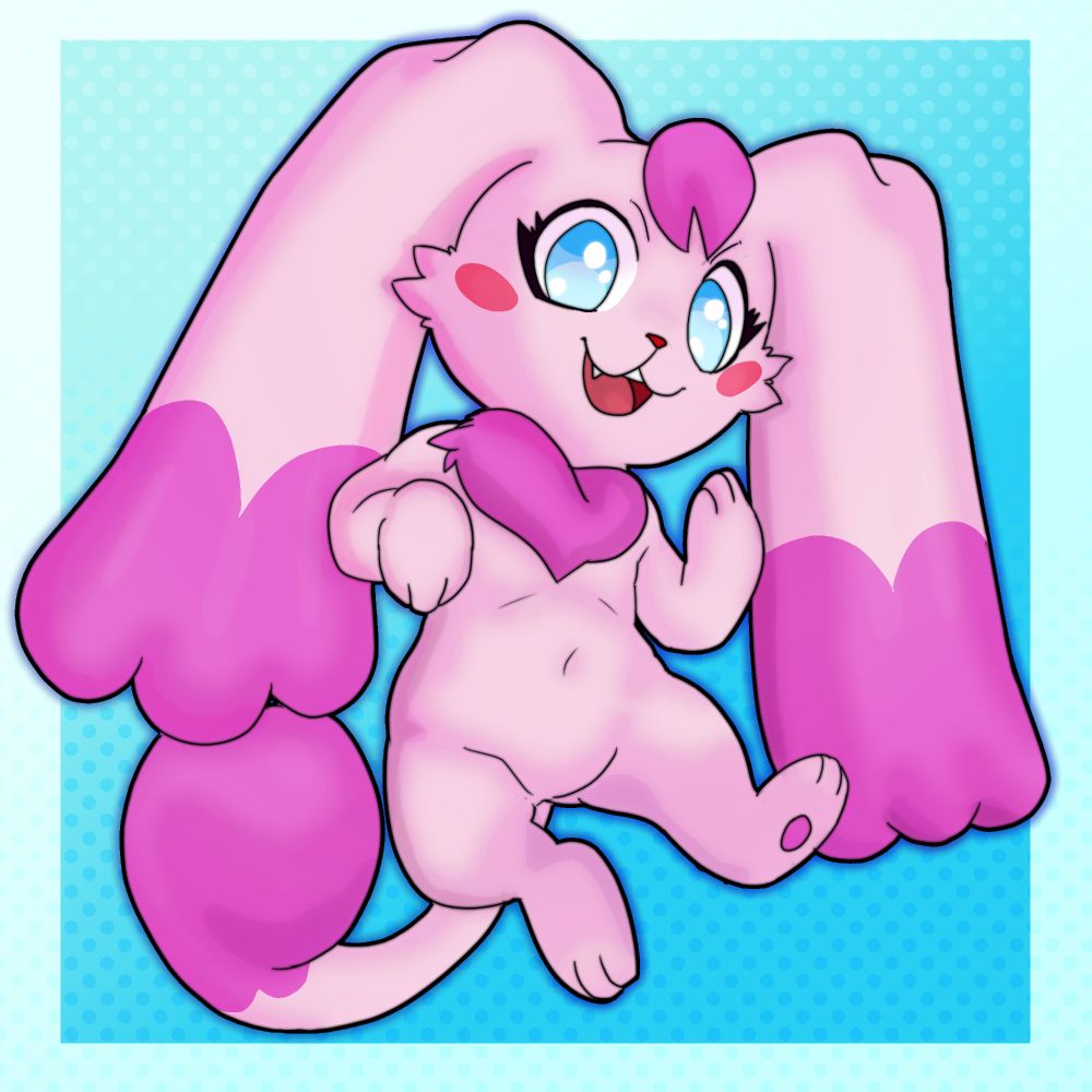 Digital drawing of Vixie, a tiny pink critter with long ears. She is smiling with a mischievous look, one of her paws semi-raised towards her face; she is in midair with one leg bent while the other is extended.