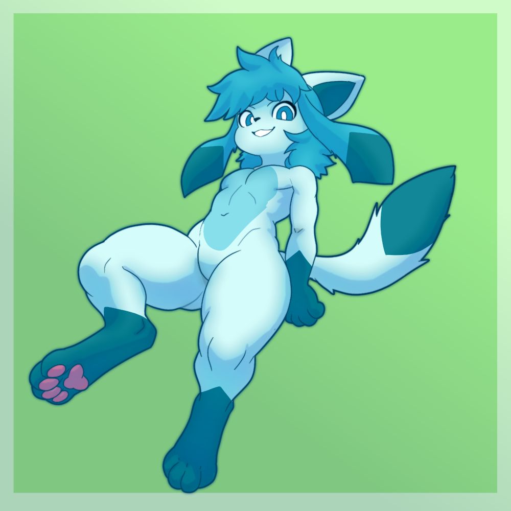 Digital drawing of Daniel, an anthropomorphic Glaceon with spiky fluffy blue hair, shorter ears, a darker spot on their chest and stomach, and a fluffy tail. They're smiling while looking down at the viewer, stationary in midair with one leg slightly raised.