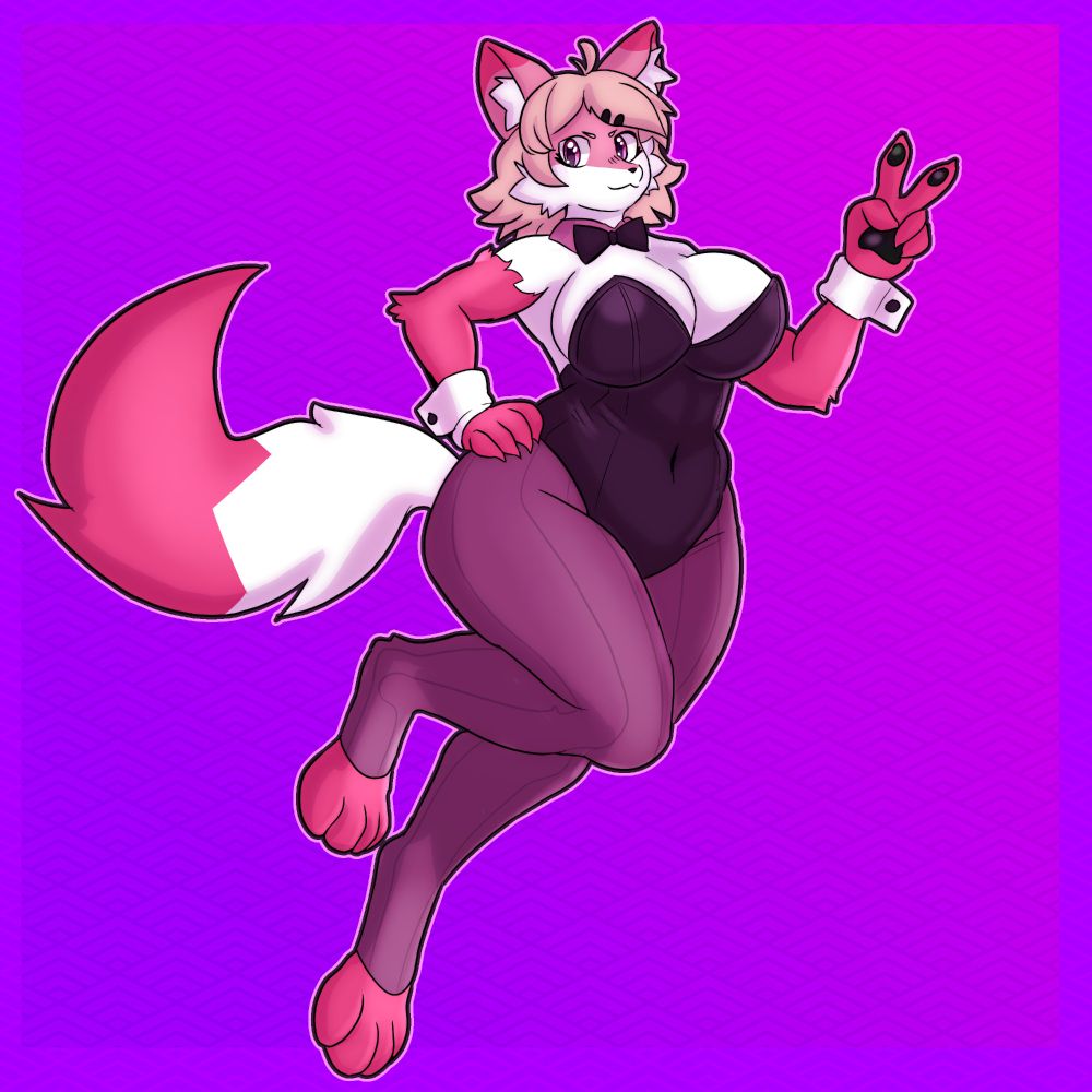 Koko, an anthropomorphic pink & white fox girl, doing the victory pose with one hand, her other hand on her hip, while wearing a bunny suit.