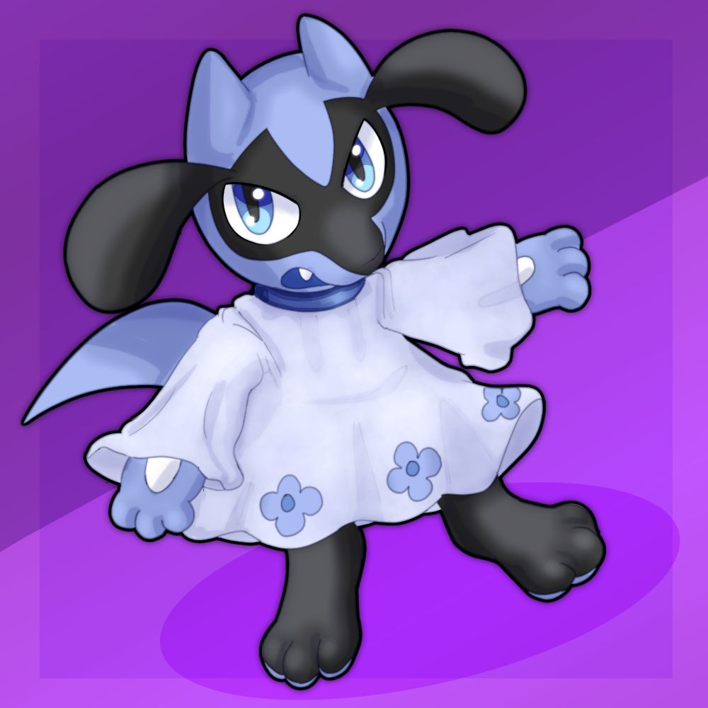 Digital drawing of Robin, a Riolu wearing a flowy white dress with flowers as details at the bottom. She is looking defiantly up.