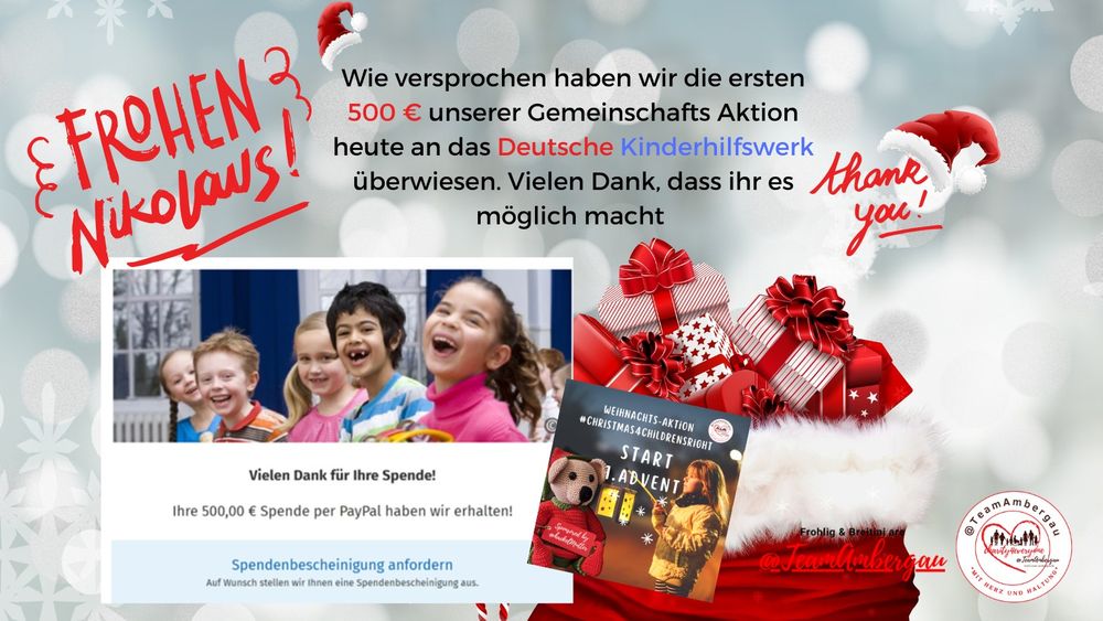 Nkolaus Grafik  mit gefüllten Stiefelim Vordergrund die Spendenbestätigung  über 500 Euro vom Deutschen Kinderhilfswerk 

Text in der Grafik :
Wie versprochen haben wir die ersten 500 € unserer Gemeinschafts Aktion heute an das Deutsche Kinderhilfswerk überwiesen. Vielen Dank, dass ihr es möglich mach
