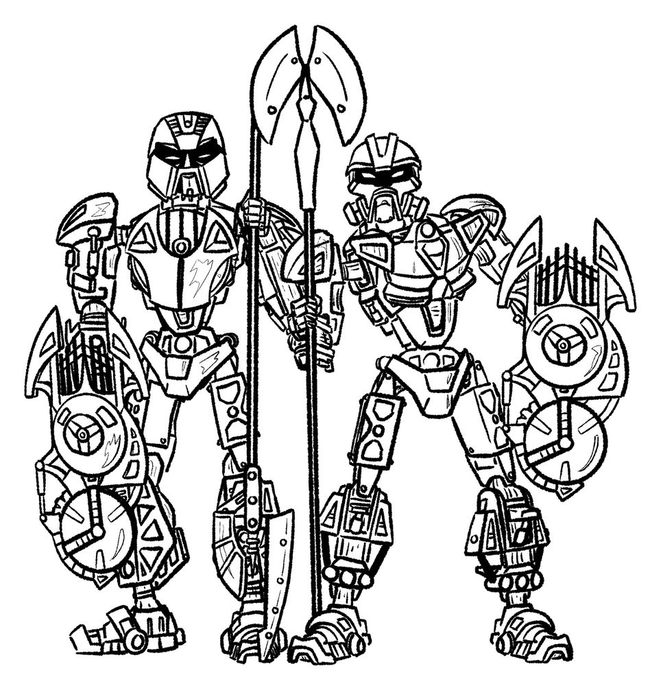 A black and white lineart drawing of two bionicle characters Iruni and Norik in their Toa Hagah form. 