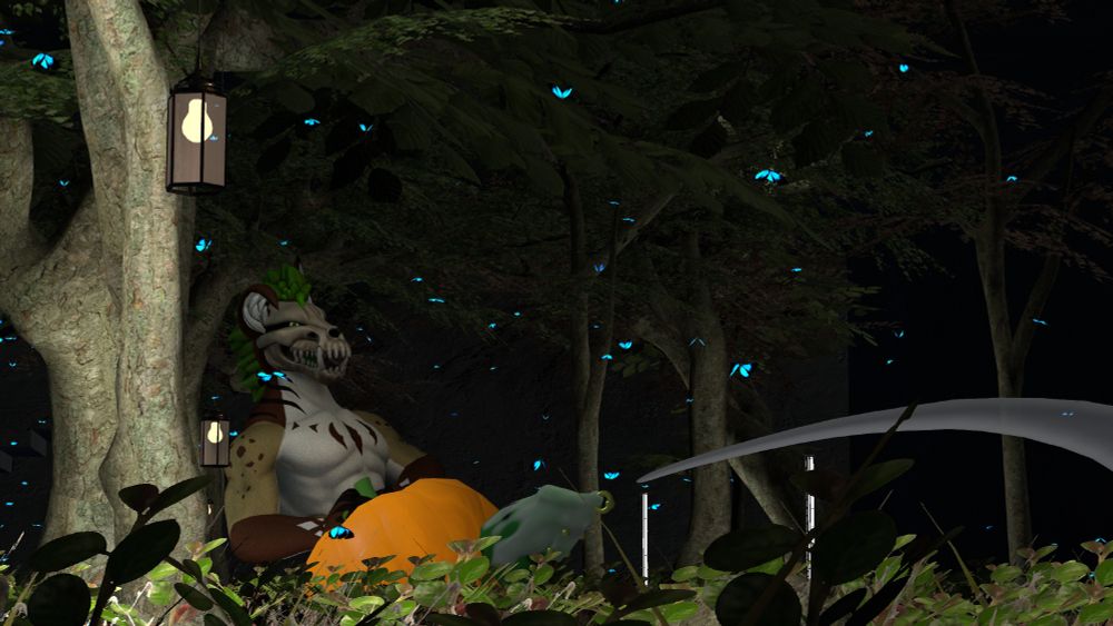 A skull faced creature kneels in a grassy forest fucking a messy hole through a pumpkin and ejaculating in massive volumes