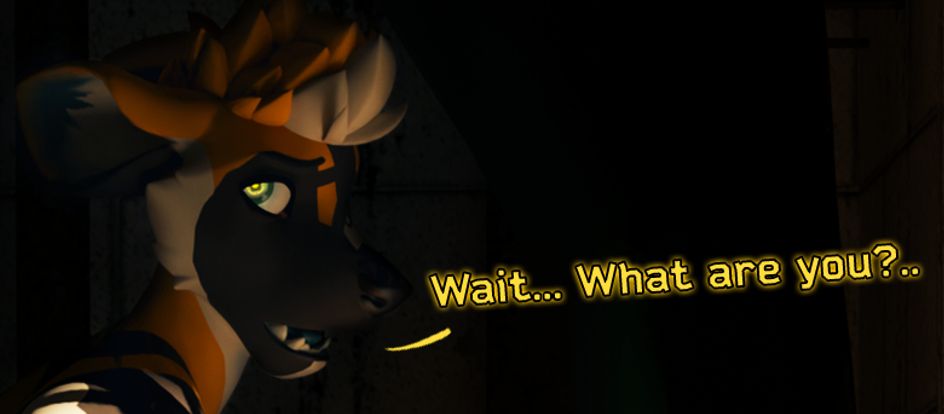 Captions saying: "Wait... What are you?.." coming from an African Wild dog as something looms behind them.