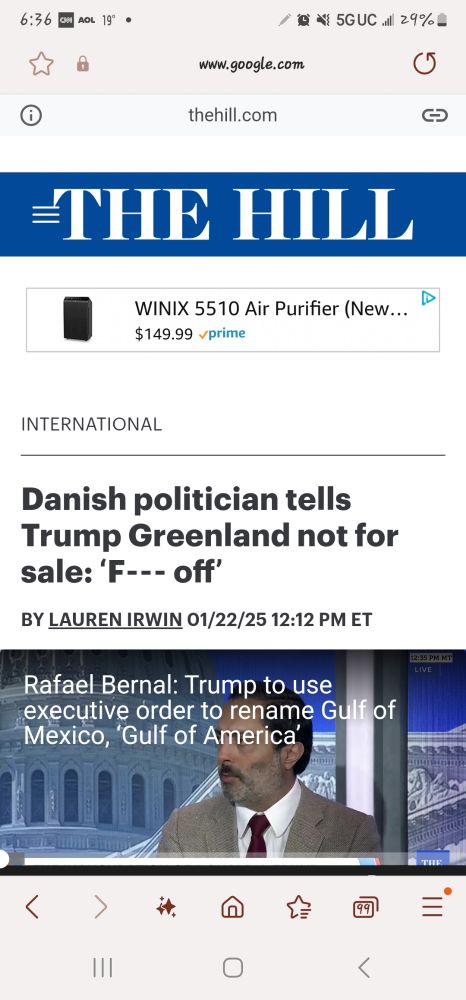 Screen shot of The Hill news article featuring the headline that Danish politician tells Trump to F--- off."