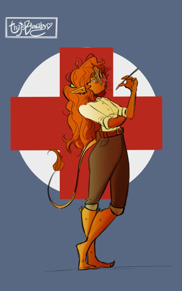Goblin woman holding a scalpel looking to the right.