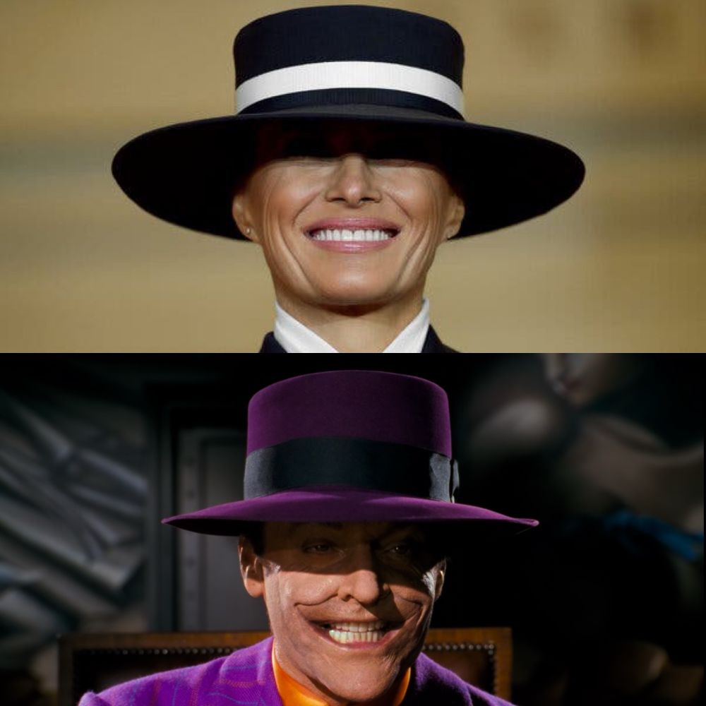 Melania Trump is smiling in her flat brimmed hat and below is Jack Nicholson as the Joker with a similar hat and smile.