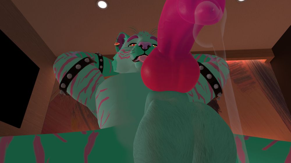 Smurko looking at you with a smug face while his cock and balls rest on your face