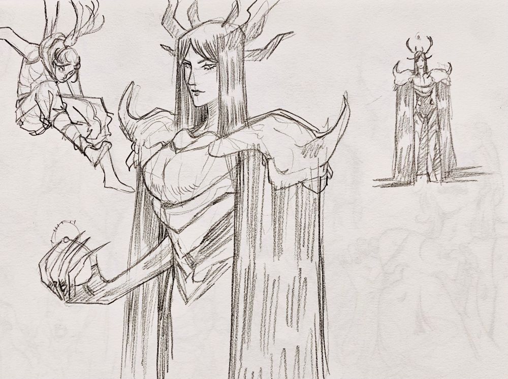 A sketch of an evil woman with big spiky pauldrons and a black cape
