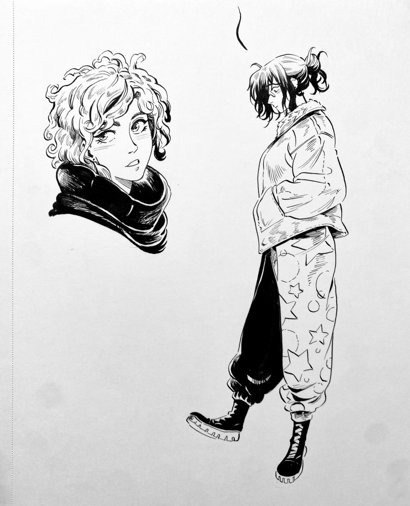 An ink of a face and an ink of a person in a jacket and baggy pants
