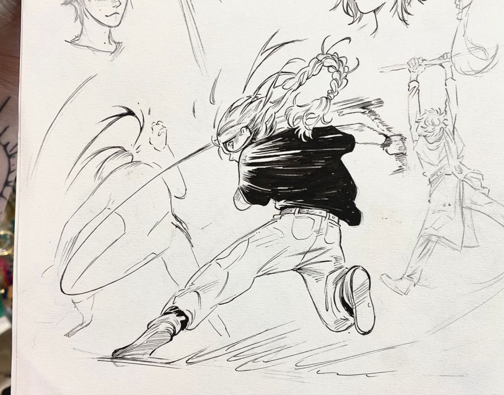 A sketchbook ink of a character hitting someone with a hammer