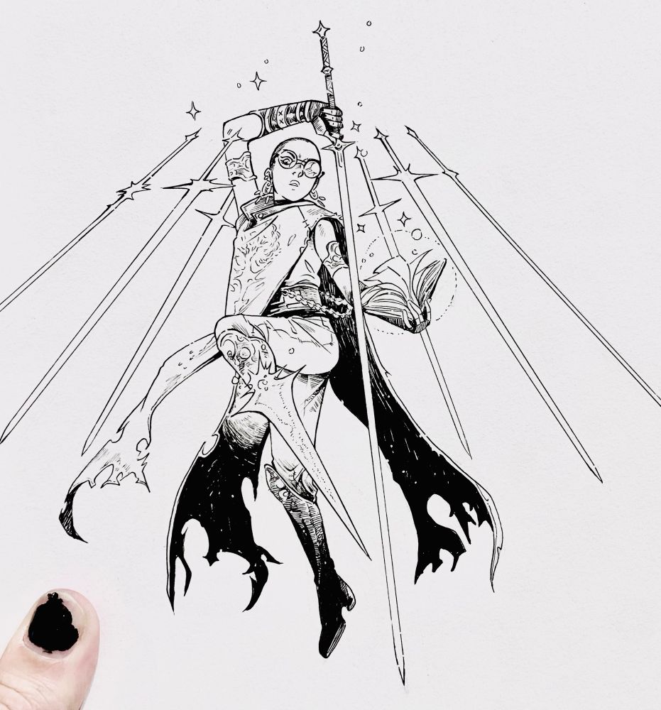An ink of a woman with a long sword surround be other floating magical swords 