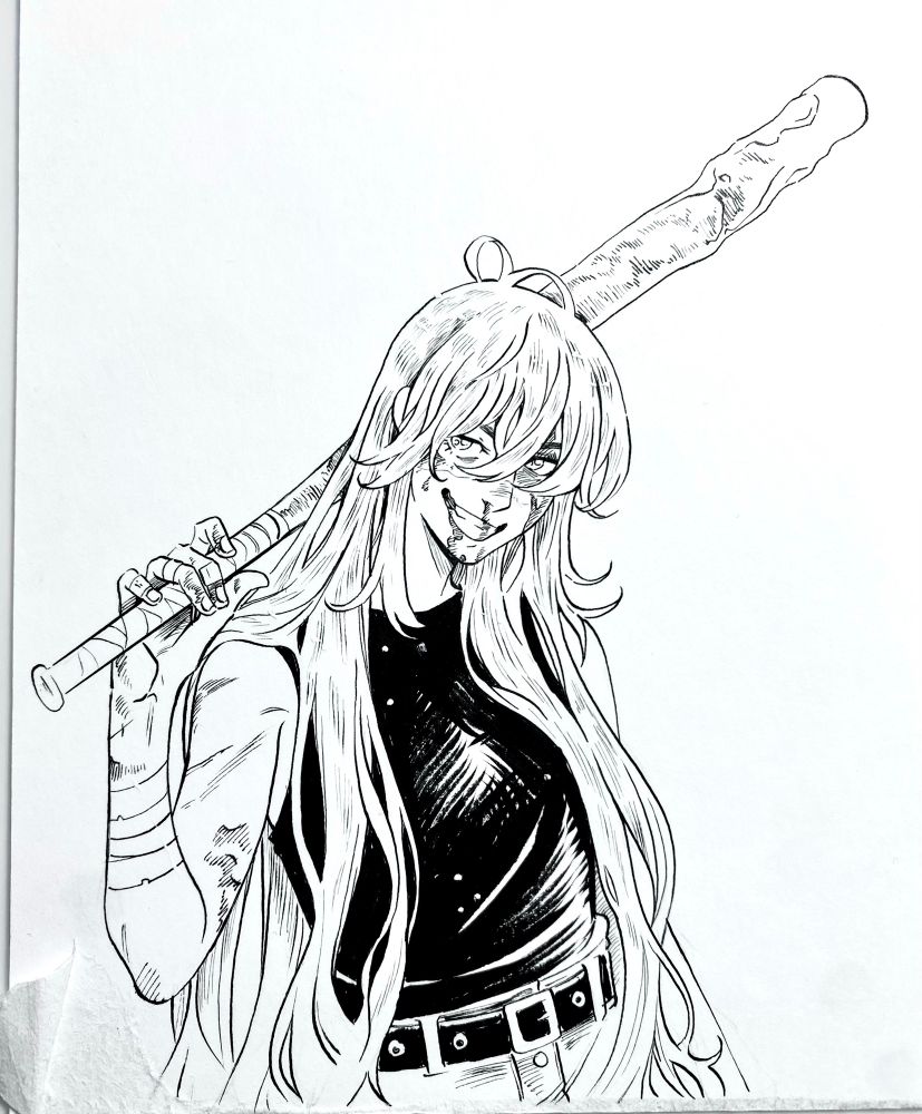 Ink if a messy young girl with a dented bat, covered in blood and bruises from fighting