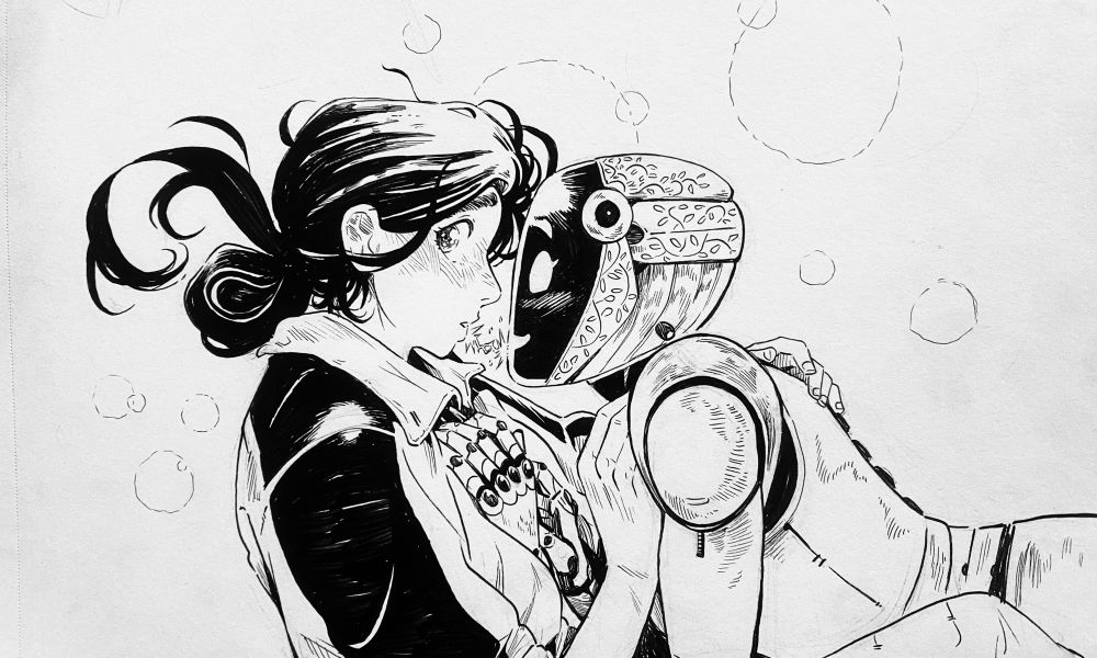An ink of two characters from the graphic novel im working on right now. One is a kid in a jumpsuit and the other is robot. They just kissed and its very dreamy