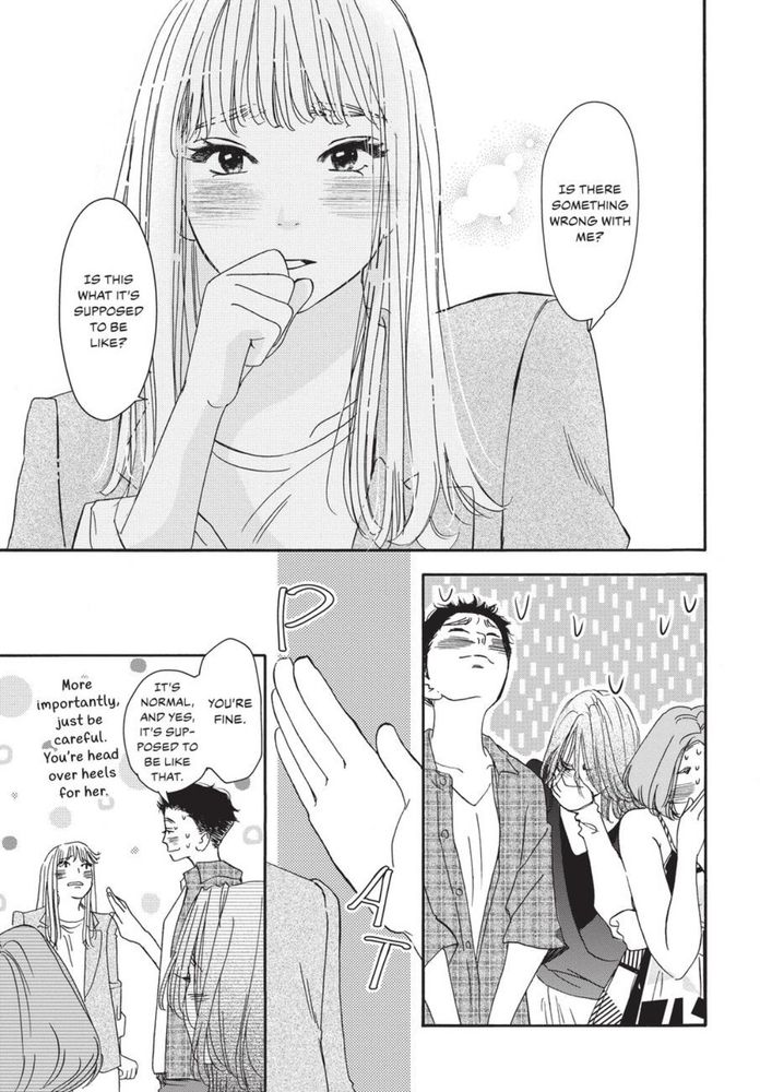 A page from Pink Candy Kiss. A girl is questioning her feelings for another girl abd its adorable and the other queer people listening to her think its adorable and give her some advice