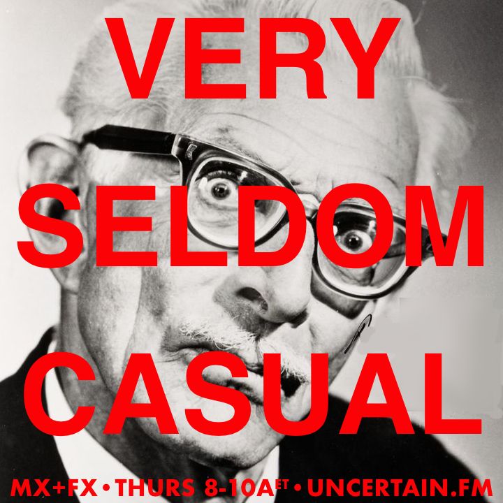 Photograph of actor Alan Napier. Looks like he may be having an episode. Good on the photog!
Text overlaying the photo says "VERY SELDOM CASUAL, MX+FX, THURS 8-10AM ET, UNCERTAIN.FM".