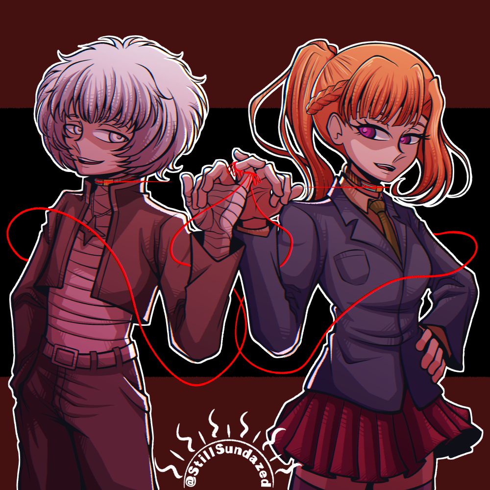 Like the first image, Ranmaru Kageyama and Sara Chidouin are standing next to each other with their pinkies interlocked, although now the color scheme is much darker with a red filter. The red thread of fate on their collars is activated, while a more literal red thread of fate tied around their pinkies floats around them, linking them together. Ranmaru’s hair is messier, his eyes are white, and his nervous expression has been replaced with a more malicious one. Sara still smiles at him, but rather than the innocent confidence displayed in the first image, her lidded eyes portray a more sinister confidence that Ranmaru mimics.