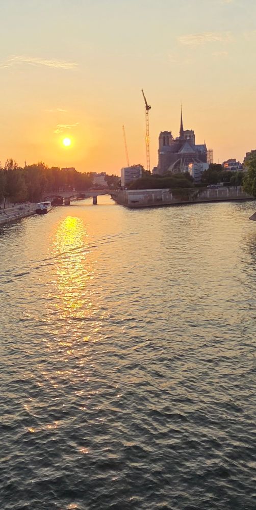 Notre-Dame de Pzris au soleil couchant qui se reflète sur la Seine.