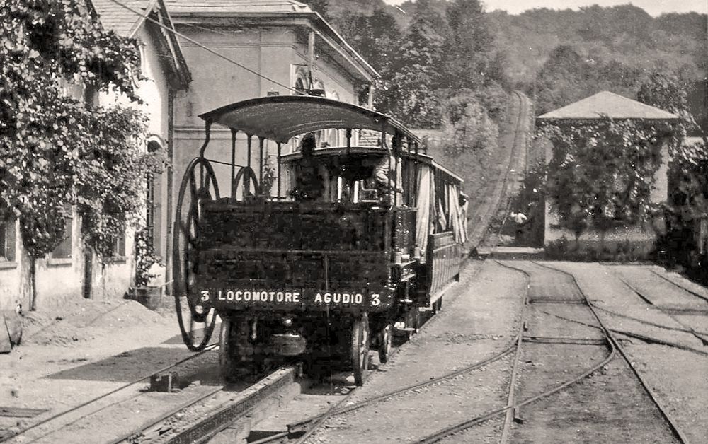Torino - Stazione di Sassi a Superga. Passenger wagons are ready to be pushed by "Locomotore Agudio 3" which is moved by a non stop cable located on the left side of the track (1884-1934) replaced by cog railway in 1934 