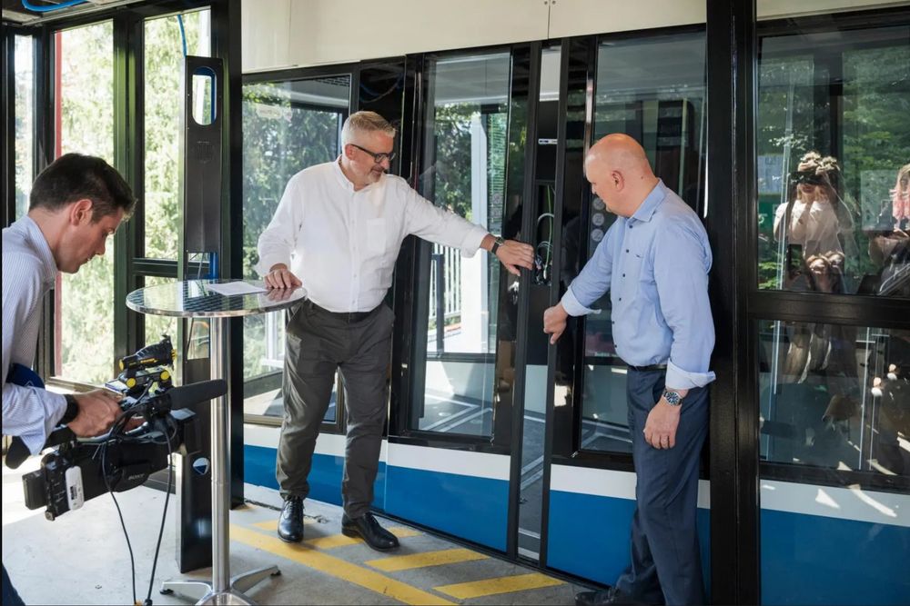 Zürich - Today Aug 19, 2025 inauguration of the Rigiblick funicular with its new CWA cabins designed by Therese Naef who also designed Zürich Flexity-Tram