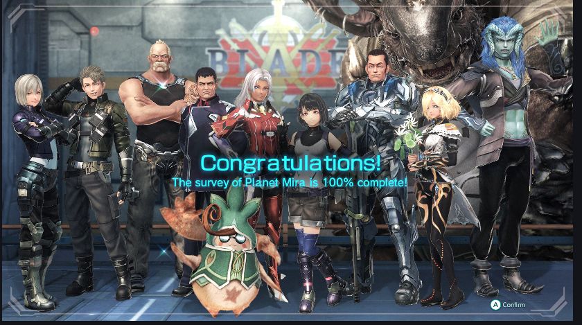 The congratulation screen for achieving 100% completion of Frontier Nav in Xenoblade Chronicles X Definitive Edition.  It shows, from right to left, Irina, Gwin, Vandham, Nagi, Tatsu, Elma, Lin, Doug, Celica, Rock, and L standing in the Blade barracks with text in the center reading "Congratulations!  The survey of Planet Mira is 100% complete!"