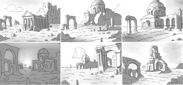 Six greyscale thumbnail sketches of sunken or partially submerged ruins in a coastal setting. Arches, columns, and domed buildings rise from shallow water or eroded landscapes